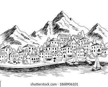 Sea Town graphic black white bay landscape sketch illustration vector