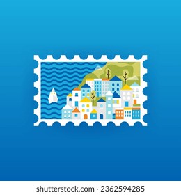Sea Town Postal Stamp. Vector Illustration of Ukraine City. Waves Water and Buildings.