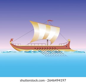 Sea transport. Ancient Greek galley sailing on the waves. Vector art illustration