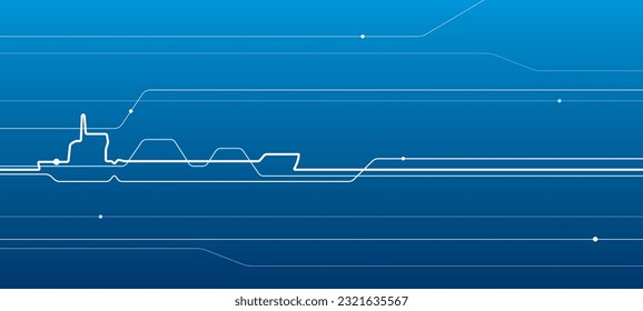 Transporte marítimo. Barge en el agua. Barcos de carga en contornos. Ilustración de línea abstracta del proyecto. Imagen de esquema blanco sobre fondo azul. Arte de diseño de vectores