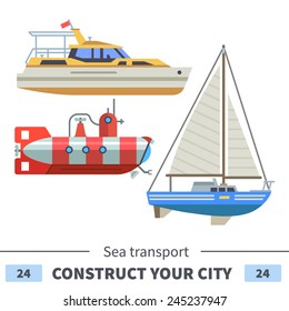 Sea transport: boat, submarine, sail. Set of elements for construction of urban and village landscapes. Vector flat illustration