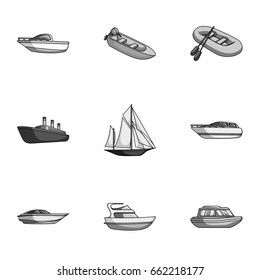 Sea transport, boats, ships. To transport people, thunderstorms. Ship and water transport icon in set collection on monochrome style vector symbol stock illustration.