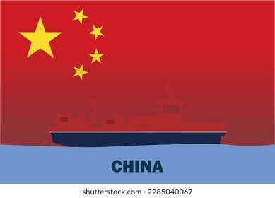 Sea transport with China flag, bulk carrier or big ship on sea, China vector flag, international transportation trade or imports concept, cargo and logistics idea