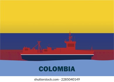 Sea transport with Colombia flag, bulk carrier or big ship on sea, Colombia vector flag, international transportation trade or imports concept, cargo and logistics idea