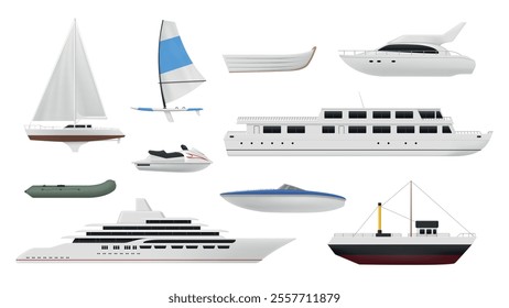 Sea transport different marine vessel side view set realistic vector illustration. Nautical transportation cruise passenger ship sailing yacht rubber fishing boat jet ski speedboat industrial cargo