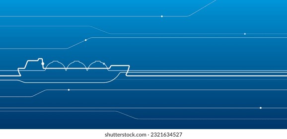 Sea transport. Gas carrier. Cargo ships in outlines. Abstract line illustration for your project. White outline image on blue background. Vector design art