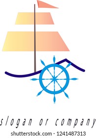 Sea transport. Helm and the bow of the ship, wave. Sea sports, helm and sailboat.