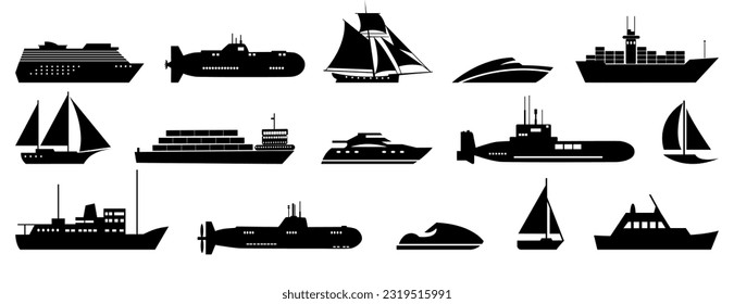 Sea transport icon silhouette collection. Ship, boat, yacht, submarine, sailboat