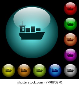 Sea transport icons in color illuminated spherical glass buttons on black background. Can be used to black or dark templates