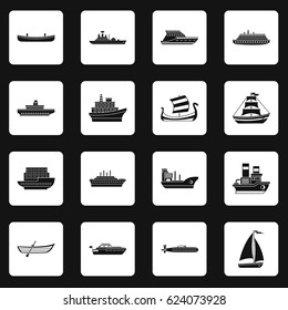 Sea transport icons set in white squares on black background simple style vector illustration