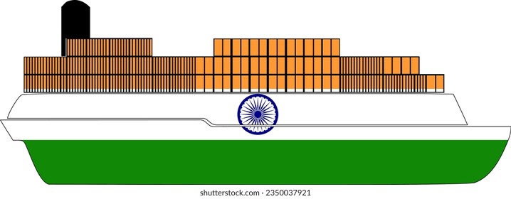 Sea transport with India flag, international transportation trade or cargo ship concept, India flag on aid ship, isolated on white background, side view