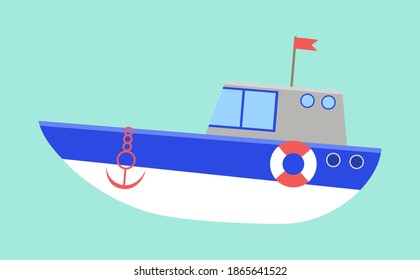 Sea transport isolated on a blue background. Boat with anchor and cabin flat vector illustration. Lifebuoy to rescue drowning people on the board. Transport for transporting passengers by water