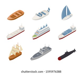 Sea transport isometric vector illustrations set. Sailboat, submarine, tanker, carrier, yacht, cruiser clip arts collection. Nautical vessels stickers isolated on white background. Logistics concept