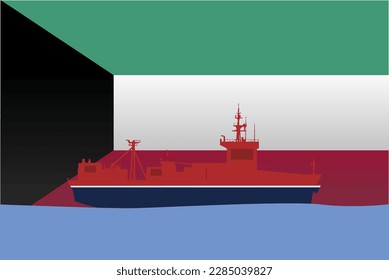 Sea transport with Kuwait flag, bulk carrier or big ship on sea, Kuwait vector flag, international transportation trade or imports concept, cargo and logistics idea