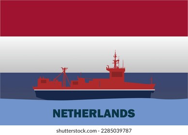 Sea transport with Netherlands flag, bulk carrier or big ship on sea, Netherlands vector flag, international transportation trade or imports concept, cargo and logistics idea