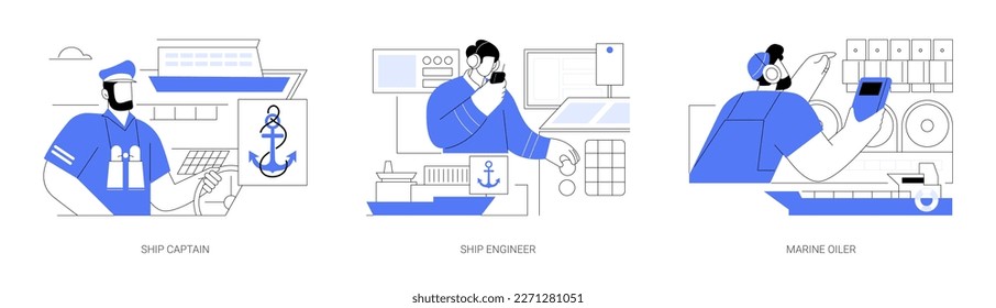 Sea transport professions abstract concept vector illustration set. Ship captain in uniform, marine engineer and oiler occupation, crew management, vessel technical inspection abstract metaphor.