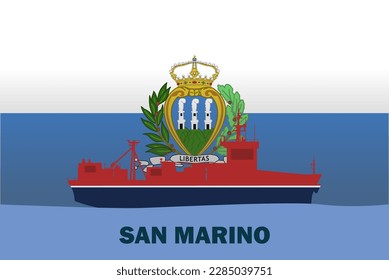 Sea transport with San Marino flag, bulk carrier or big ship on sea, San Marino vector flag, international transportation trade or imports concept, cargo and logistics idea