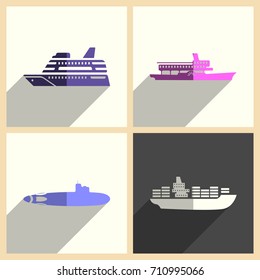 Sea transport set of flat icons with shadow. Simple vector illustration