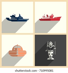 Sea transport set of flat icons with shadow. Simple vector illustration
