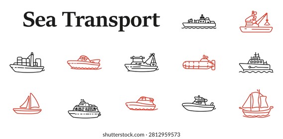 Sea transport set icon. Trawler, speedboat, submarine, yacht, schooner, passenger cruiser, industrial shipping, aquatic navigation, maritime logistics, coastal voyage illustration