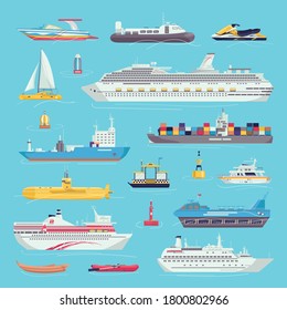 Sea transport set of water transportation shipping carriages isolated vector illustrations. Ship, yacht, boat vessel and cargo wherry, hovercraft. Nautical transporting carrier, freight.