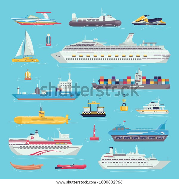 Sea\
transport set of water transportation shipping carriages isolated\
vector illustrations. Ship, yacht, boat vessel and cargo wherry,\
hovercraft. Nautical transporting carrier,\
freight.