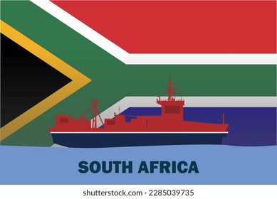 Sea transport with South Africa flag, bulk carrier or big ship on sea, South Africa vector flag, international transportation trade or imports concept, cargo and logistics idea