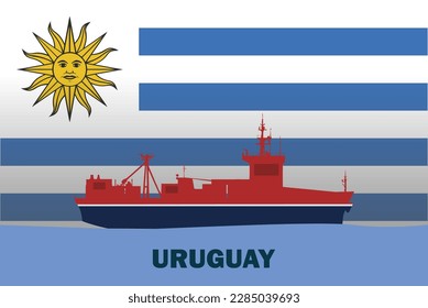 Sea transport with Uruguay flag, bulk carrier or big ship on sea, Uruguay vector flag, international transportation trade or imports concept, cargo and logistics idea