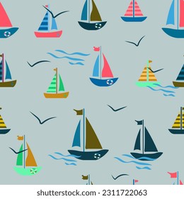 sea transport, sea waves, seagulls.seamless pattern.vector illustration.