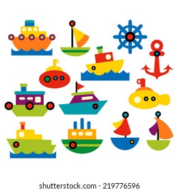 Sea transportation. Cute vector clip art collection in bright colors. Boats and ships.