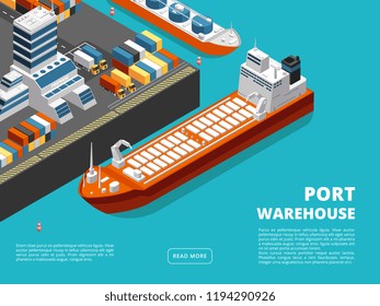 Sea transportation horizontal sea freight and shipping background with isometric seaport, ships, containers. Vector illustration