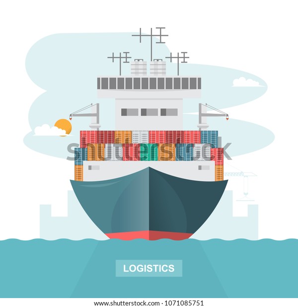 Sea\
transportation logistic. Sea Freight. Cargo ship, container\
shipping on flat style. Vector\
illustration