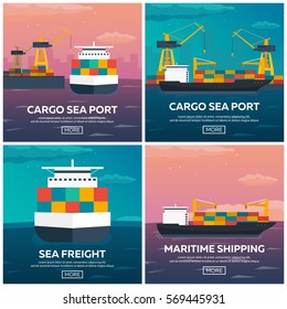 Sea transportation logistic. Sea Freight. Maritime shipping. Merchant Marine. Cargo ship. Vector flat illustration