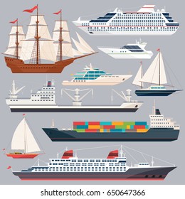 Sea transportation. Vector illustrations of ships and different boats. Flat style pictures.