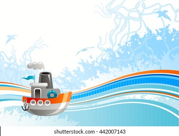 Sea travel abstract background pattern for with net, foam, and seagulls and steamboat icon. Copy space for your text. For tourism agency, yacht club and other summer vacation designs
