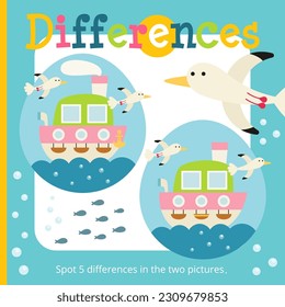 Sea Travel activities for kids. Spot 5 differences. Ocean Ship and Seagull. Vector illustration. Book square format.