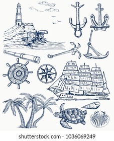 Sea, Travel and adventures hand drawn vector set.