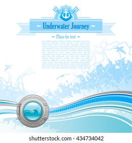 Sea travel background design in blue colors with net, foam, wave and seagulls and porthole icon. Copy space for your text