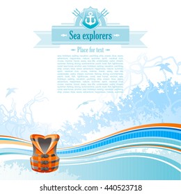 Sea travel background design for yacht club with net, foam, and seagulls and life vest icon. Copy space for your text