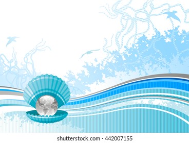 Sea travel background pattern with net, foam, and seashell scallop with pearl looks like Earth globe planet icon. Copy space for text. For tourism agency, yacht club and other summer vacation designs
