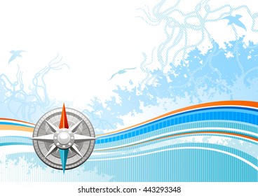 Sea travel background pattern with net, foam, and seagulls and vintage  compass rose icon. Copy space for your text. For tourism agency, yacht club and other summer vacation designs