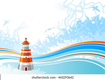 Sea travel background pattern for yacht club with net, foam, and seagulls and lighthouse. Copy space for your text. For tourism agency, yacht club and other summer vacation designs
