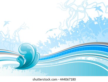 Sea travel background pattern for yacht club with net, foam, and seagulls and splash wave icon. Copy space for your text. For tourism agency, yacht club and other summer vacation designs
