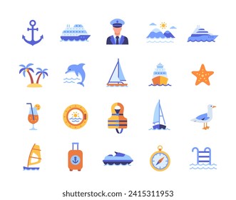 Sea Travel color icons set. Bright signs with captain of cruise liner, anchor, dolphins swimming in sea and yacht. Design for application. Cartoon flat vector collection isolated on white background