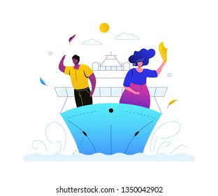 Sea travel - colorful flat design style illustration on white background. A bright unusual composition with a couple, man and woman on a cruise ship, liner, going on vacation, waving. Tourism concept