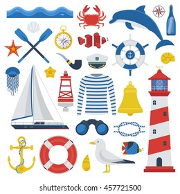 Sea travel elements collection. Nautical vector icon set. Marine adventure equipment. Captain cap, lighthouse, dolphin, sailing ship, anchor, seagull, crab, compass sea symbols. Marine trip sea set.