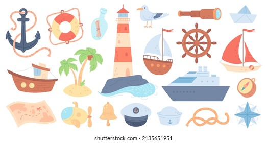Sea travel elements, cute nautical doodles, lighthouse, sailing boat. Tropical island with palm trees, captain and sailor hats, ship steering wheel, marine stickers vector set