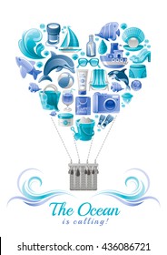 Sea travel flayer design with air balloon composed of vacation summer symbols. Concept icon set contains photo camera, dolphin, whale, beach bag, shell, pearl, sun tan lotion, beach chair, ship, yacht