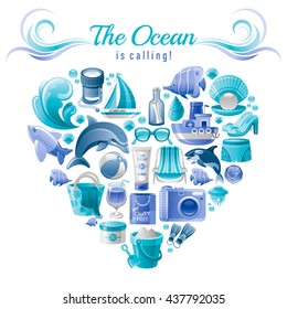 Sea travel flayer design with heart composed of vacation summer symbols. Concept icon set contains photo camera, dolphin, whale, beach bag, shell, pearl, sun tan lotion, beach chair, ship, yacht
