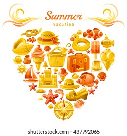 Sea travel flayer design with heart composed of vacation summer symbols. Concept icon set contains suitcase, sand castle, tropical fish, compass rose, ship, hat, ice cream, clogs, seashell, fish